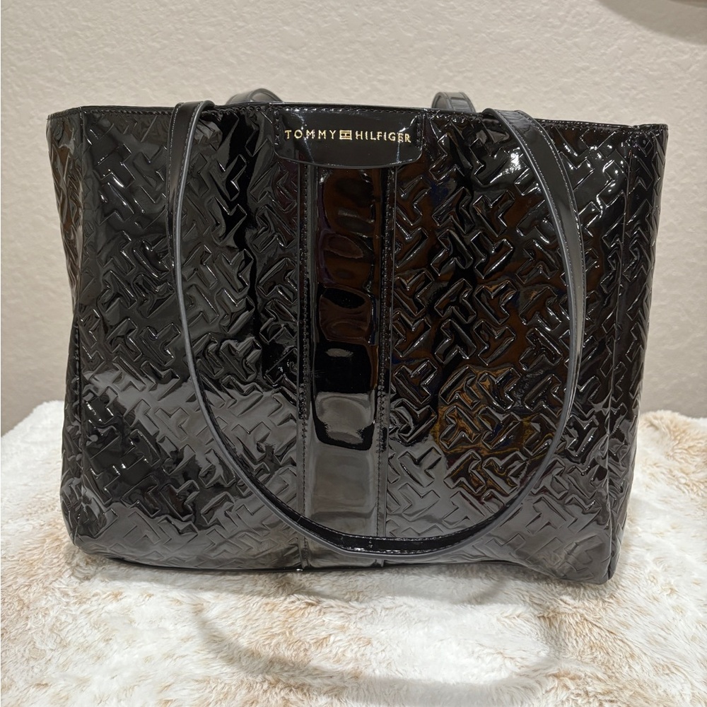 Tommy Hilfiger Black Glossy Tote Bag with Embossed Pattern